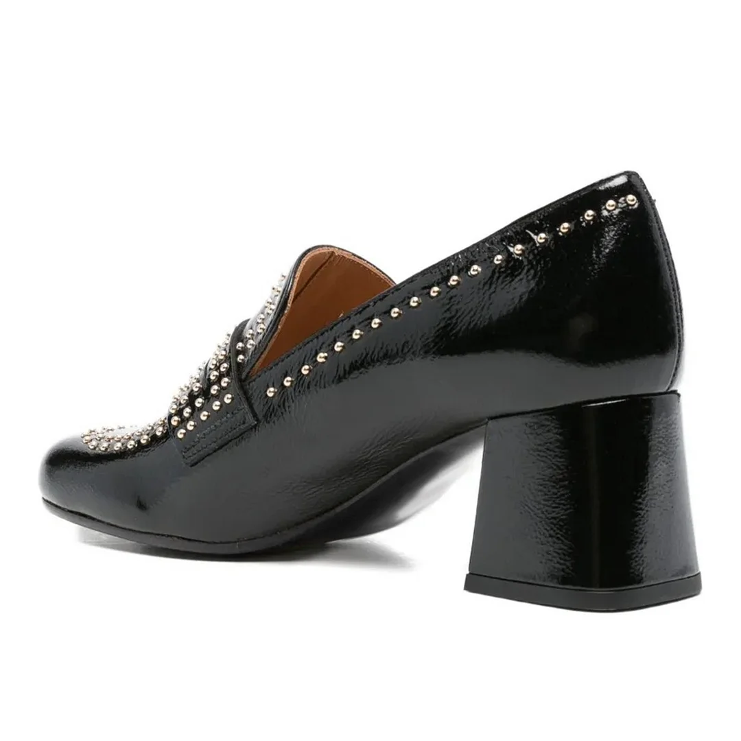 Chic Black Round Toe Chunky Heel Studded Slip On Women's Loafers