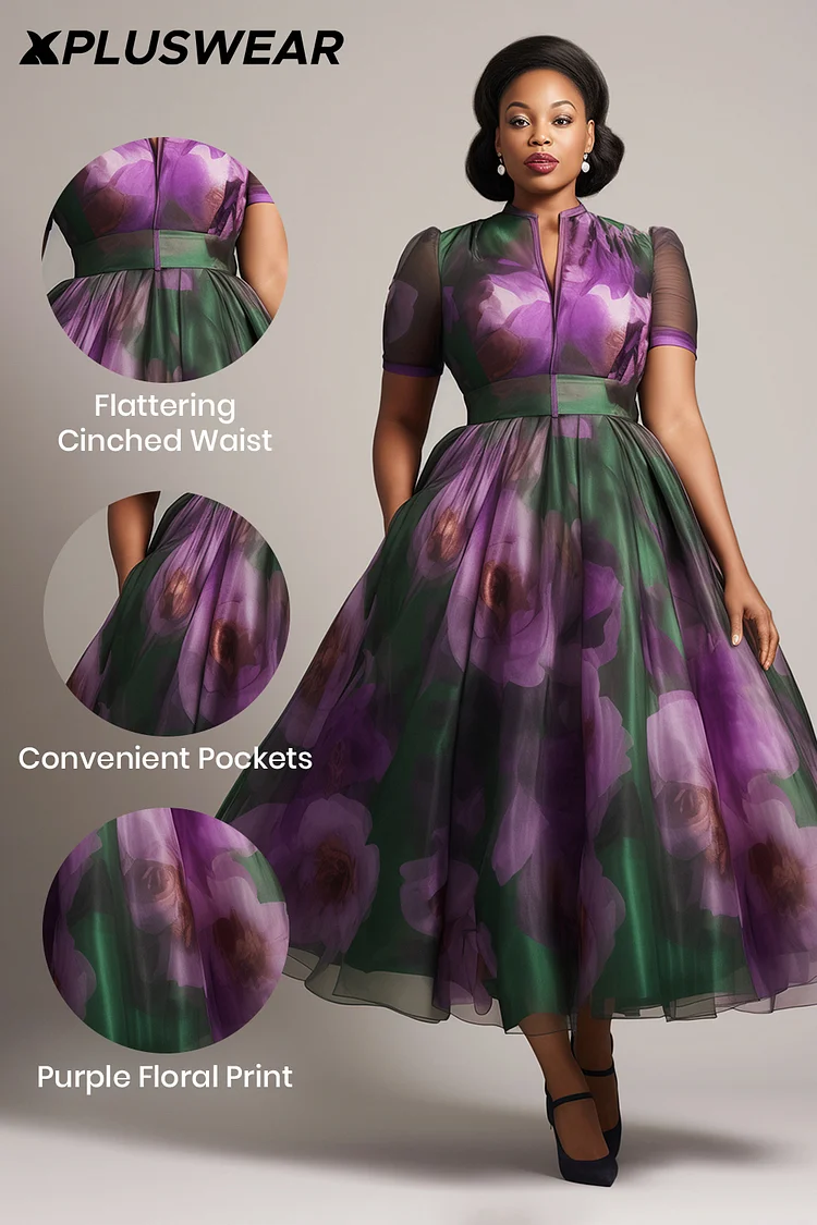 Xpluswear Design Plus Size Wedding Guest Purple Floral Round Neck Short Sleeve Pocket Organza Maxi Dresses