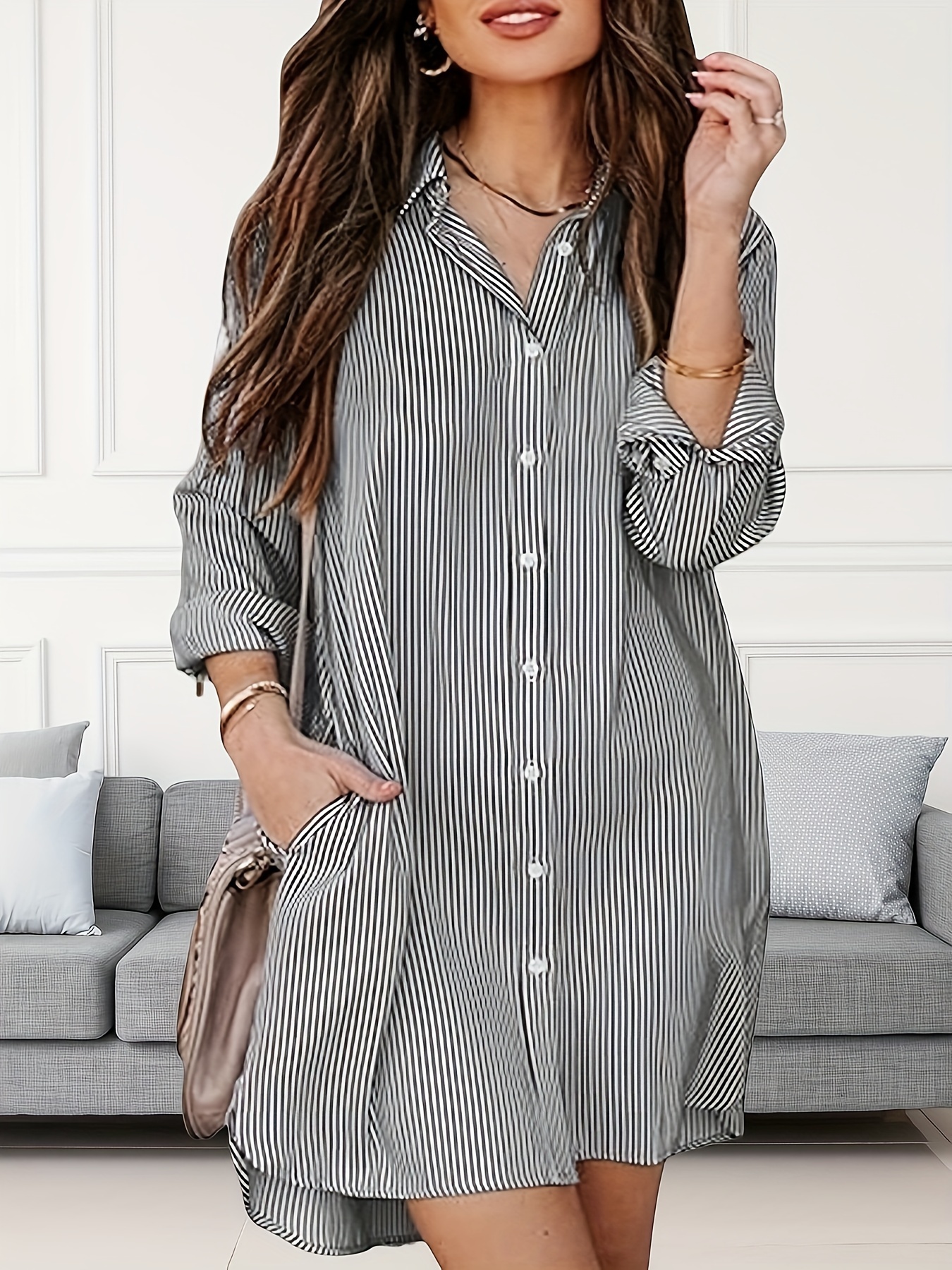 Women's Stylish Striped Button-Up Shirt Dress With Pockets - Polyester, Long Sleeve, Collared, All-Season Wear, Casual Attire, Casual Attire | Striped Pattern | Polyester Fabric | IFYHOME