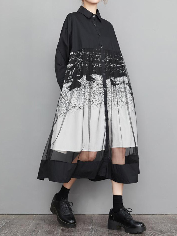 Loose Vintage Printed Net Midi Dress