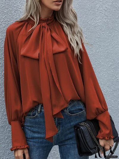 MidiSono - Tie Neck Lantern Sleeve Blouse