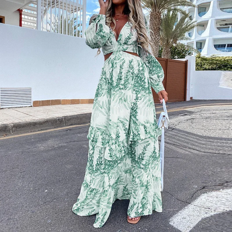 Brownm Brownm Women's New Long Skirt Commuter Hollow Out V Neck Floral High Waist Big Swing Autumn And Winter Dress Female 661