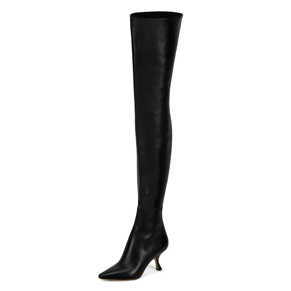 Women's Black Faux Leather Pointed Toe Side Zipper Thigh High Boots