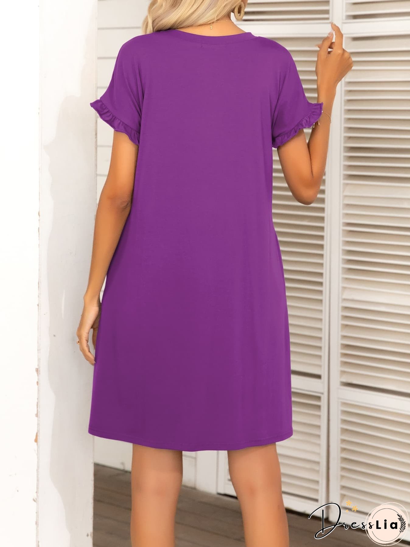 Round Neck Flounce Sleeve Dress with Pockets