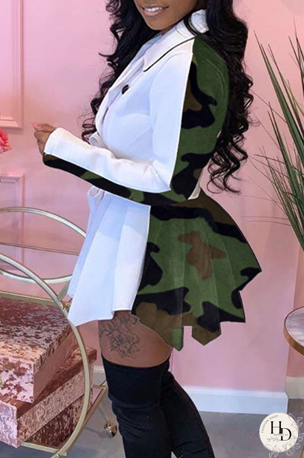 Black Fashion Leopard Camouflage Print Split Joint POLO collar Asymmetrical Dresses