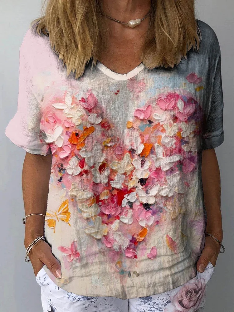 Women's Vintage Valentine's Day Love Art Print Casual Cotton And Linen Shirt
