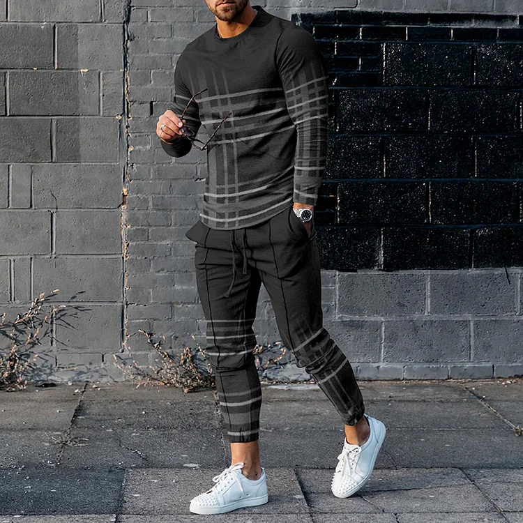 BrosWear Men's Street  Sport Style Gray Stripes Black Long Sleeve T-shirt And Pants Co-ord Sets