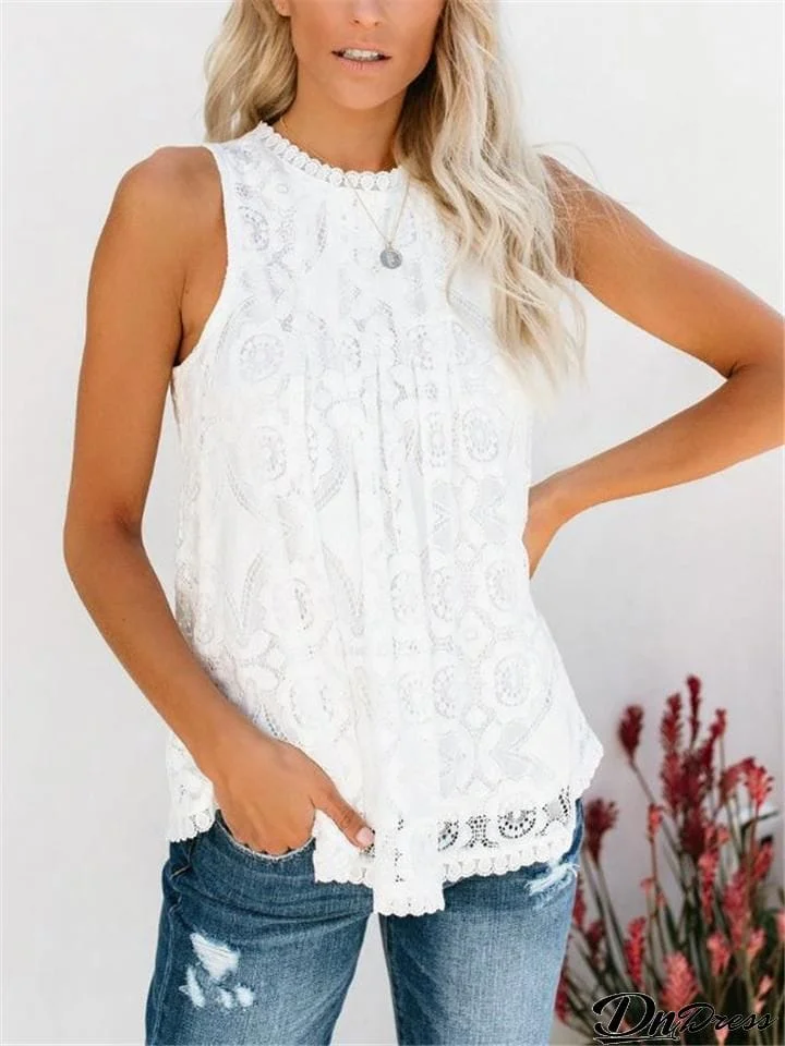 Relaxed Fit Round Neck Sleeveless Floral Lace T-Shirt