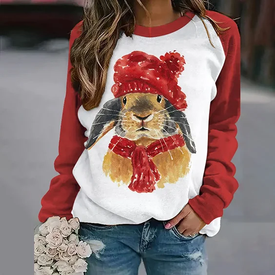 VChics Women's Red Hat Bunny Print Long Sleeve Sweatshirt