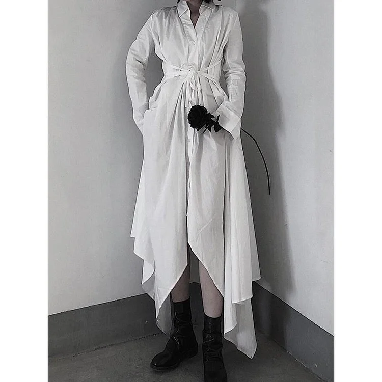 Asymmetric Solid Color Lace-Up Lapel Long Sleeve Midi Dress - yankia