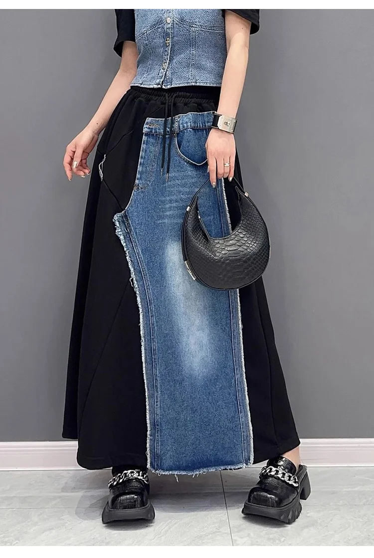 Moongor Street Style Denim Splicing Elastic Waist Skirt