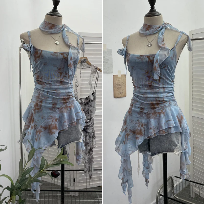Uveng Real Shooting Retro Tie-Dye-Print Mesh Sling Sling Sling Vest Irregular Lotus Leaf Edge Ribbon Sleeveless Top 1185
