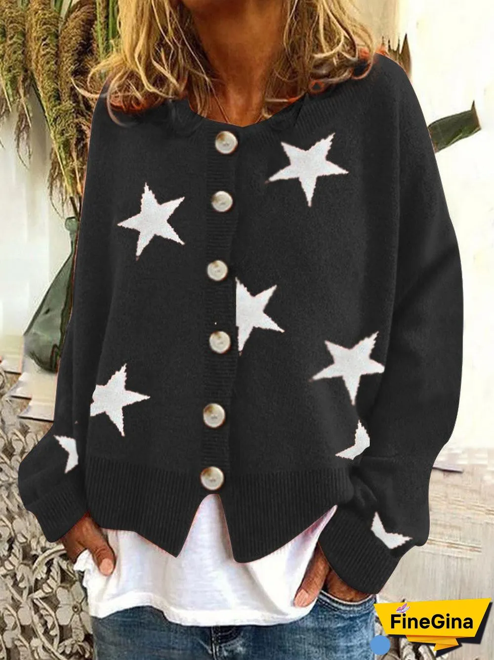 Women's V-neck Star Pattern Embroidery Sweater Cardigan Jacket  Coat