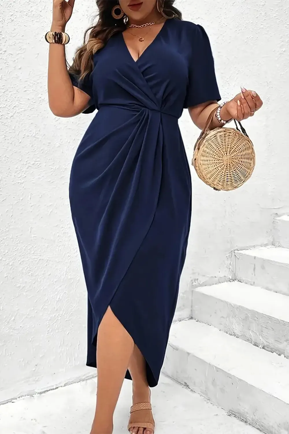 navy blue wrap dress plus size Plus Size Sapphire Garden Satin Dress