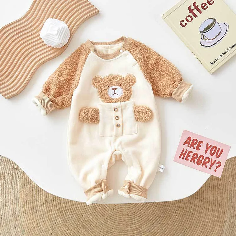 Baby Boy/Girl Bear Suspender Block Color Long Sleeve Fluff Romper