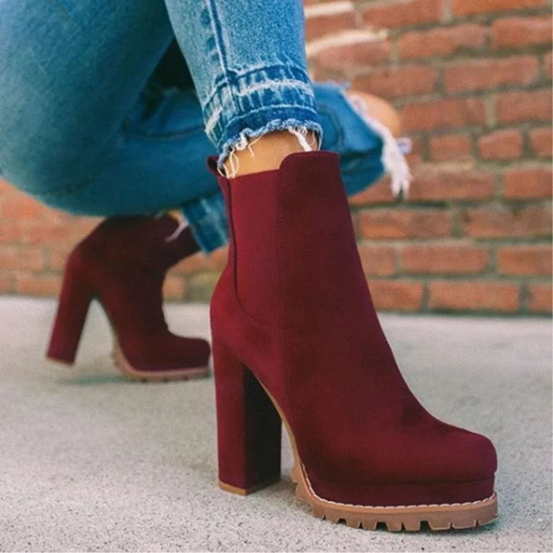 Women's Boots Pointed High Heels Shoes Solid Color Leather Ankle Boots Female Boots Fashion Thick Heel Side Zipper Women Shoes