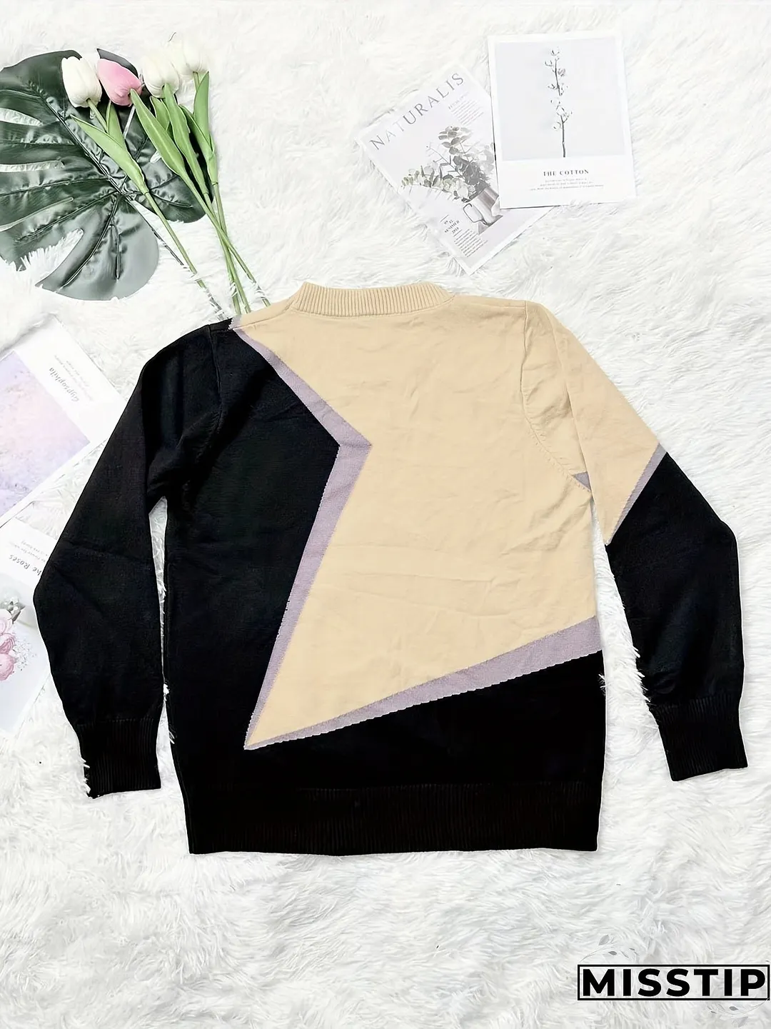 Color Block Knitted Sweater Womens Clothing Casual For Spring Fall