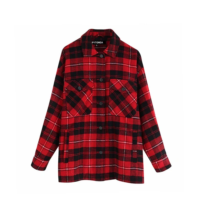 Vintage Stylish Pockets Oversized Plaid Jacket Coat Women 2021 Fashion Lapel Collar Long Sleeve Loose Outerwear Chic Tops