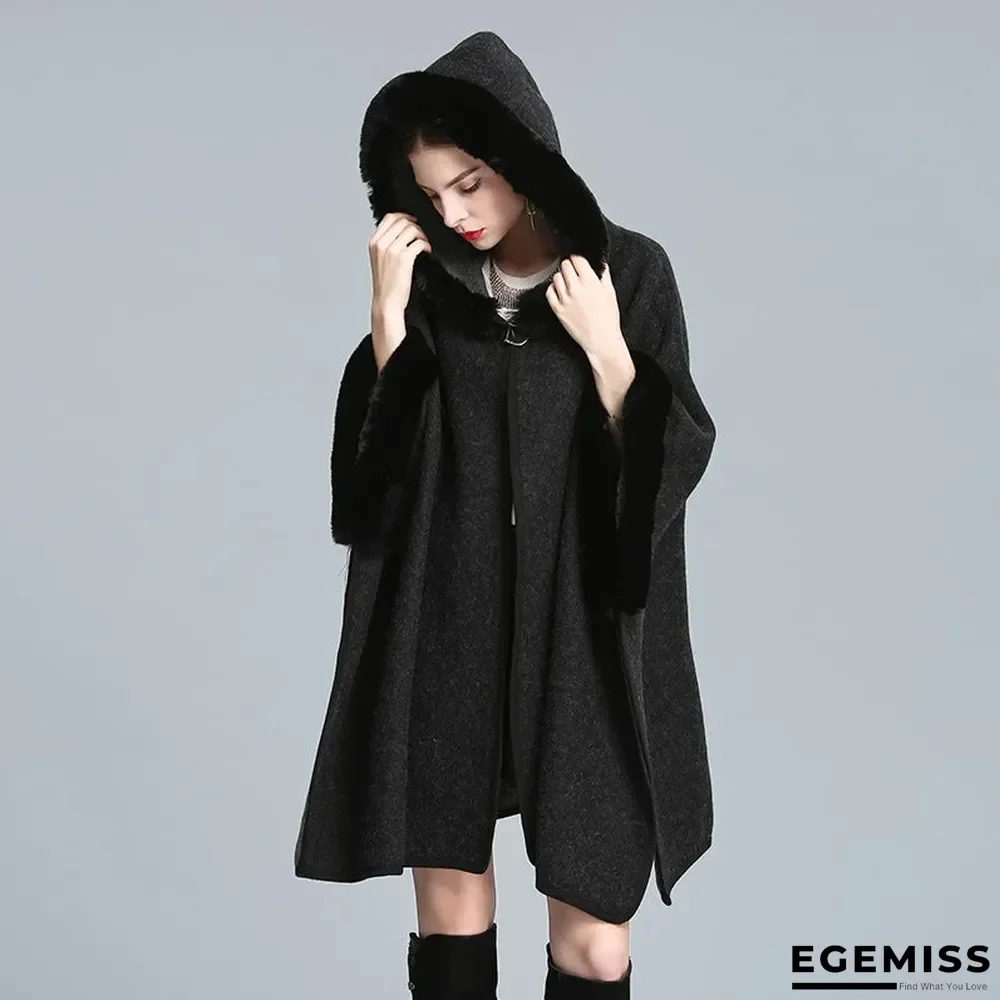 Autumn and Winter Fur Collar Hooded Shawl Cloak Large Size Woolen Coat Loose Cardigan Women | EGEMISS