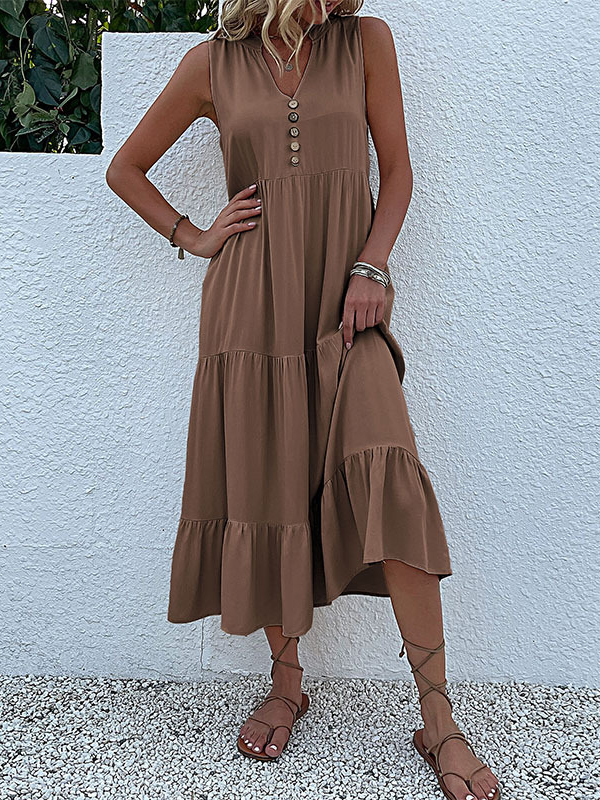 Split-Joint Pleated Sleeveless Loose V-Neck Midi Dresses COFFEE-L