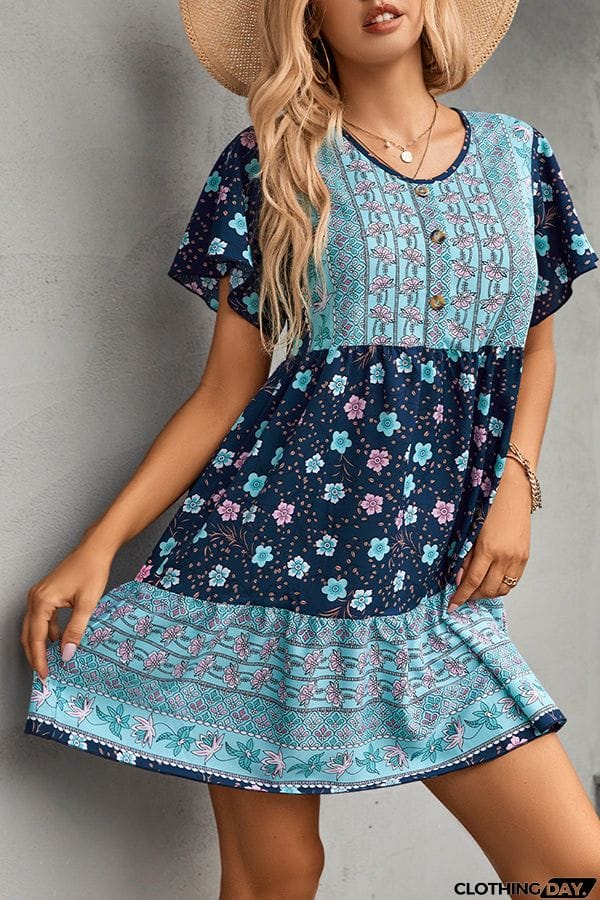Button V-Neck Floral Loose Mini Dress