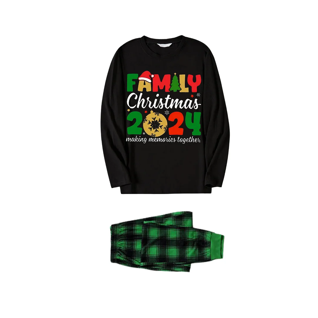 "Family Christmas 2024" Cute Pattern Printed Black and Green Plaid Family Matching Pajamas