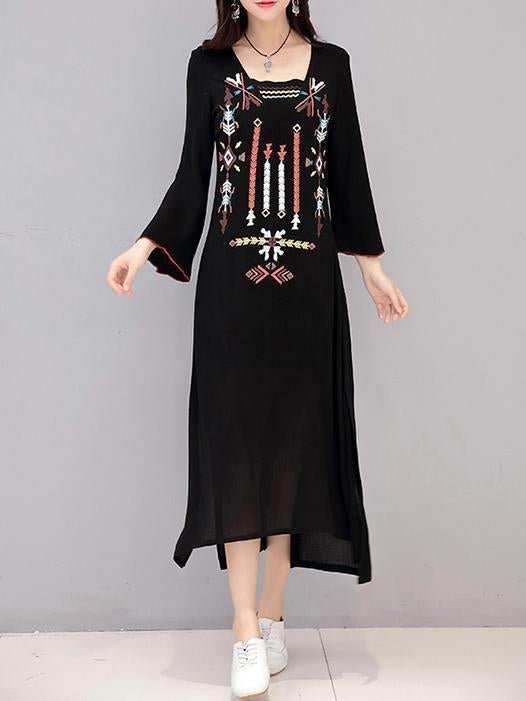 Bohemia Emboridered Printed Long Sleeve Maxi Dress