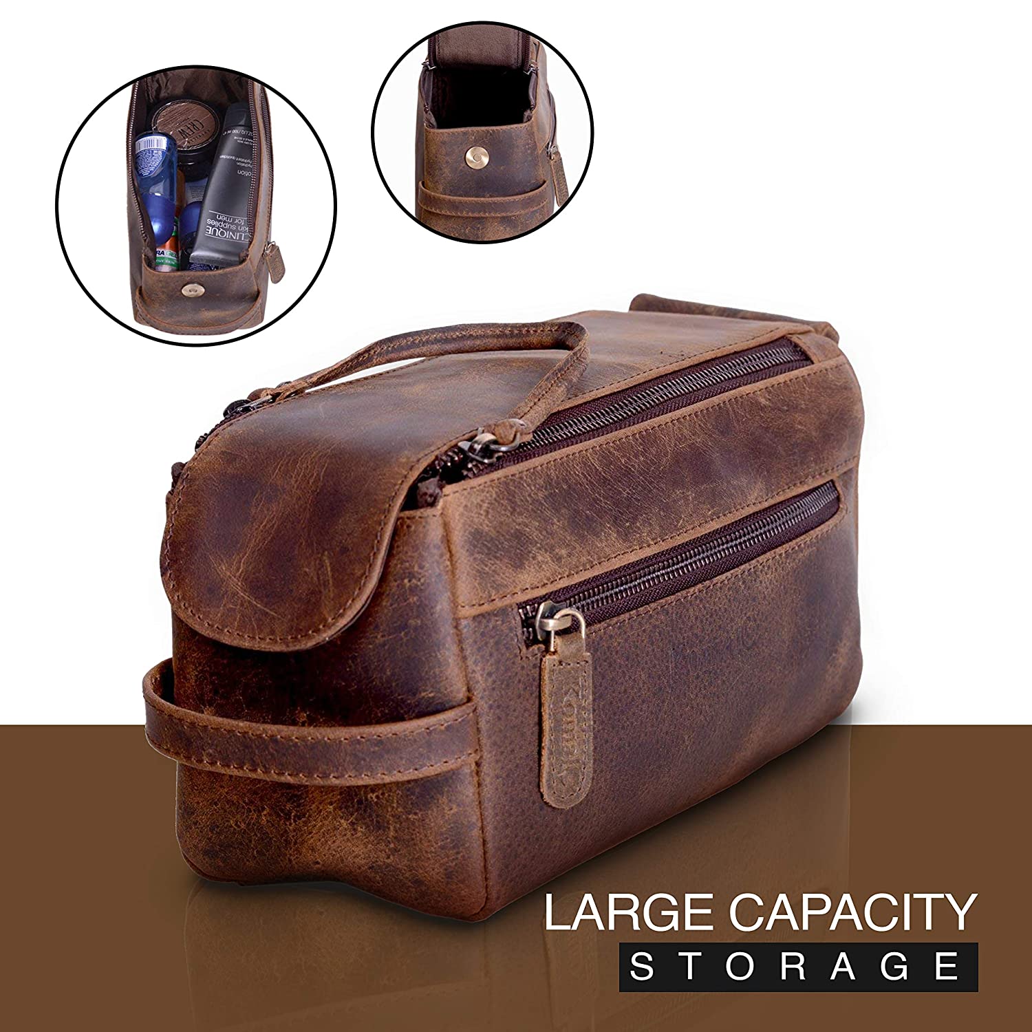 Genuine Buffalo Leather Unisex Toiletry Bag Travel Dopp Kit