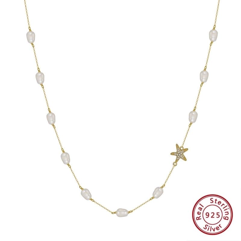 925 Sterling Silver Plated Freshwater Pearl Beaded Chain Cable Chain Plating Inlay Starfish Necklace
