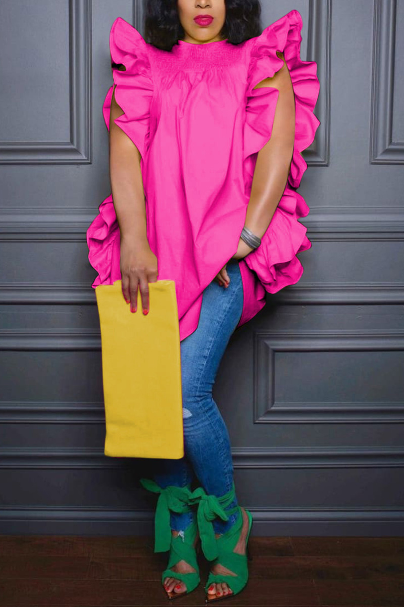 Plus Size Hot Pink Round Neck Ruffle Loose Top Shirt Blouse