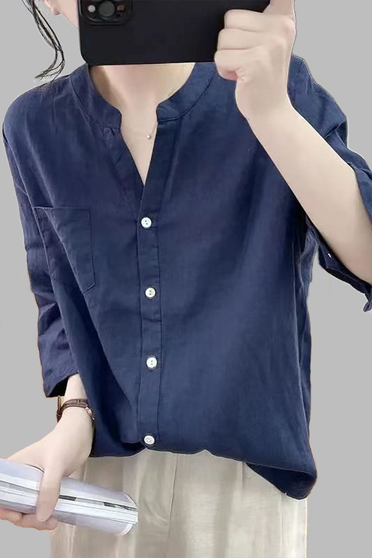 Linen V Neck Button Down Long Sleeve Vintage Shirt