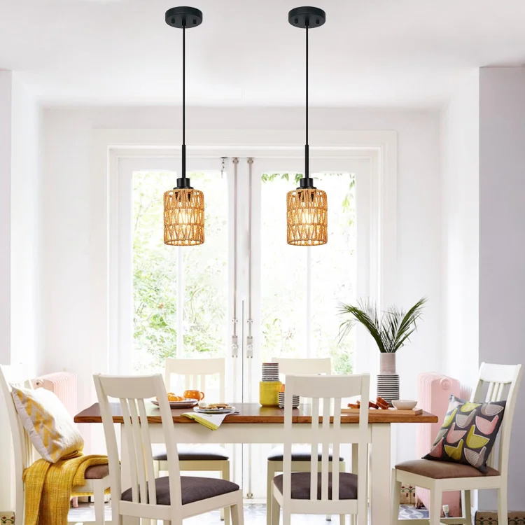 Rattan Hanging Light Fixture Boho Pendant Light Black Adjustable Dining Table Light Fixture with Rattan Lamp Shade, Set of Two Mini Pendant Lighting