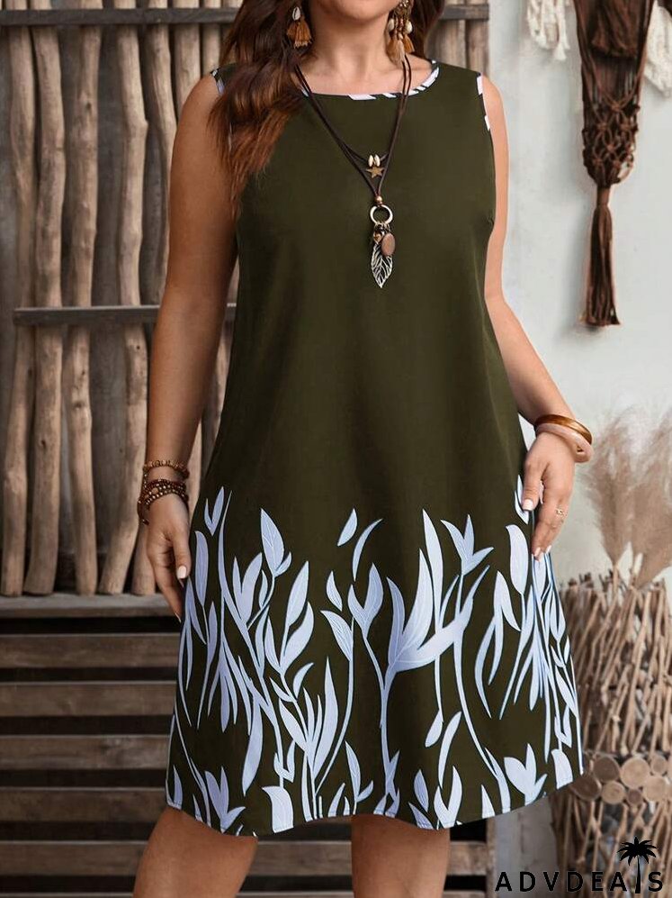 Plus Size Round Neck Sleeveless Printed Summer Holiday Dress