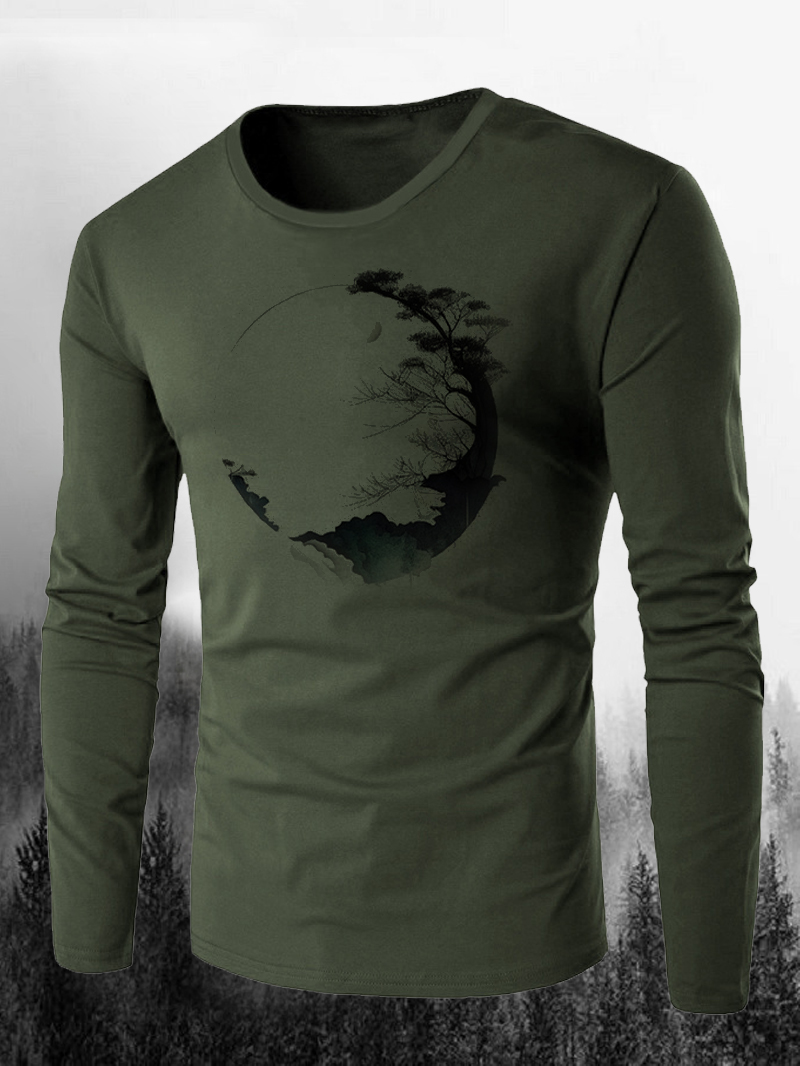 Men's Ink Landscape Painting Printed Long Sleeve T-Shirt