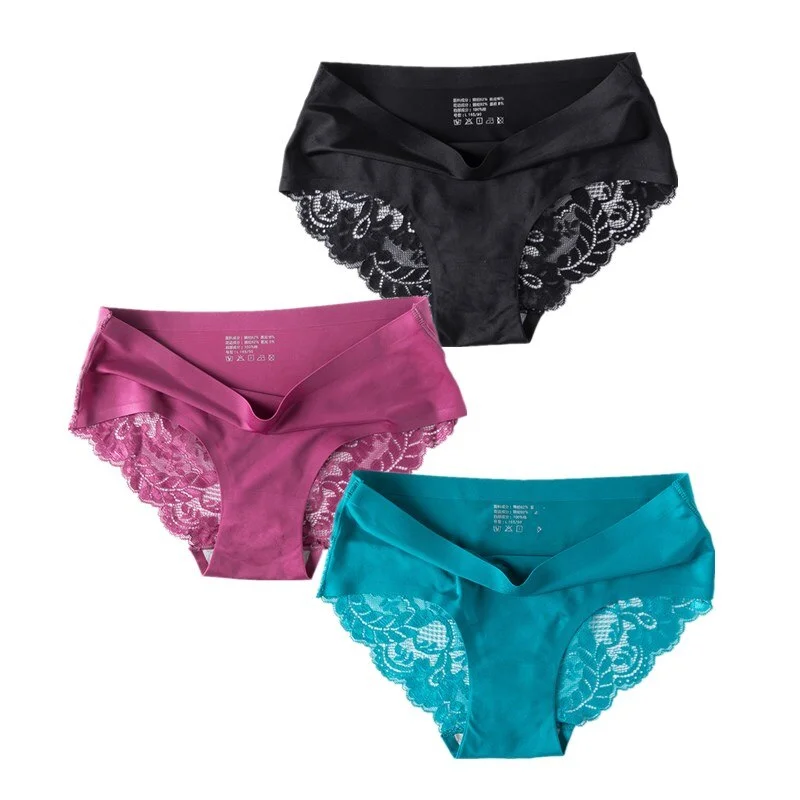 3 Pcs/Set Sexy Seamless Panties Women Lace Underwear Briefs Low Rise Ladies Silk Plus Size Solid Soft Transparent Panty Lingerie