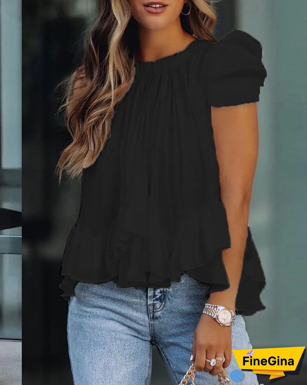 Puff Sleeve Ruffle Hem Ruched Top P14303