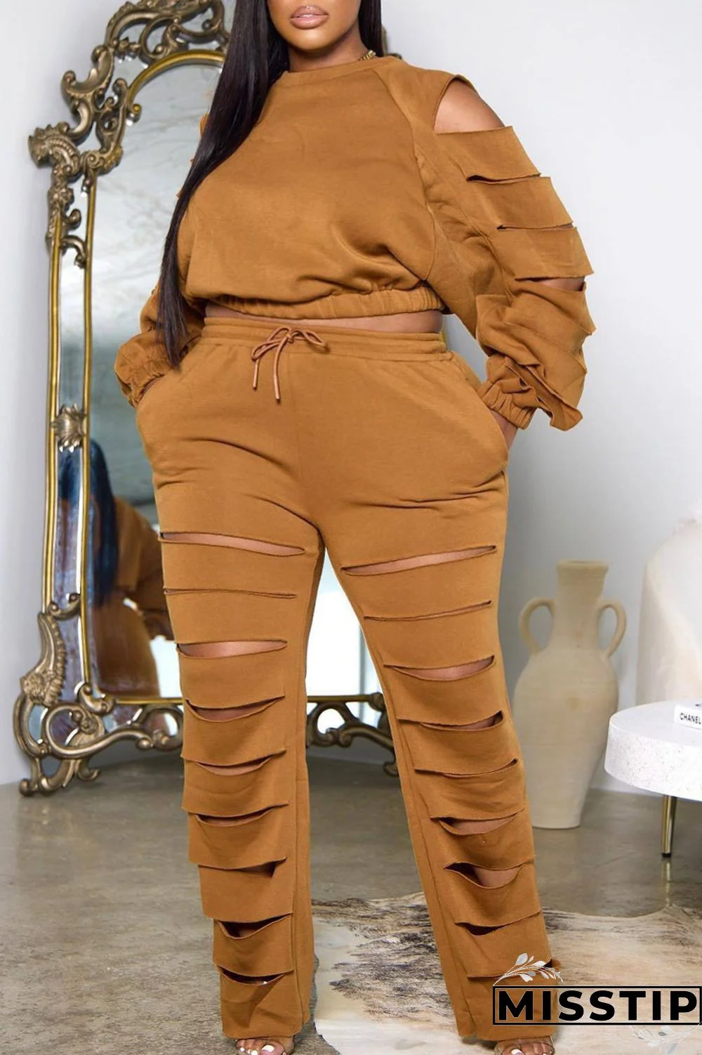 Black Casual Solid Ripped Hollowed Out O Neck Plus Size Two Pieces