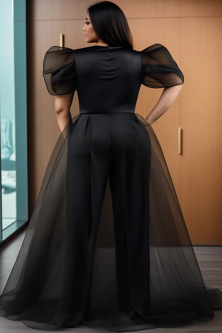 Xpluswear Design Plus Size Formal Black Round Neck Puff Sleeve Short Sleeve With Skirt Overlay Pocket Tulle Jumpsuits