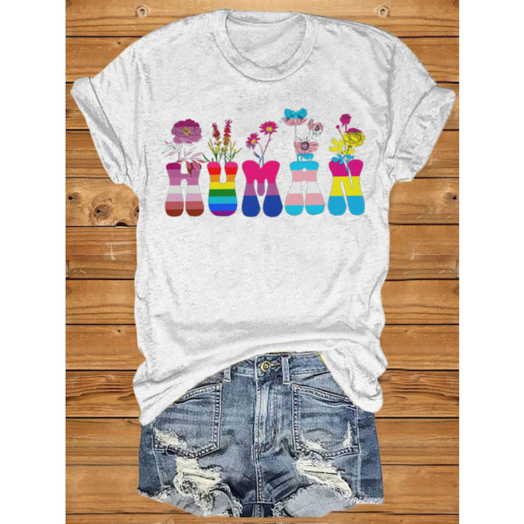 Women's LGBT Human&Flower Print T-Shirt socialshop