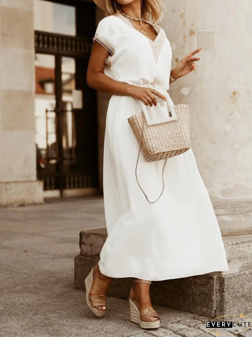 Dresses Loose V-Neck Lace Panel Short Sleeve Dress for Women