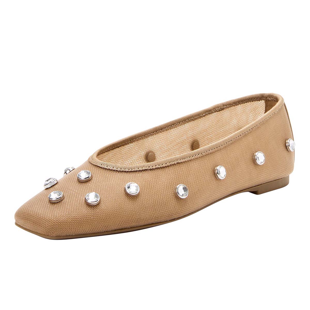 Tan Mesh Studded Rhinestone Square Toe Ballet Flats for Women Nicepairs