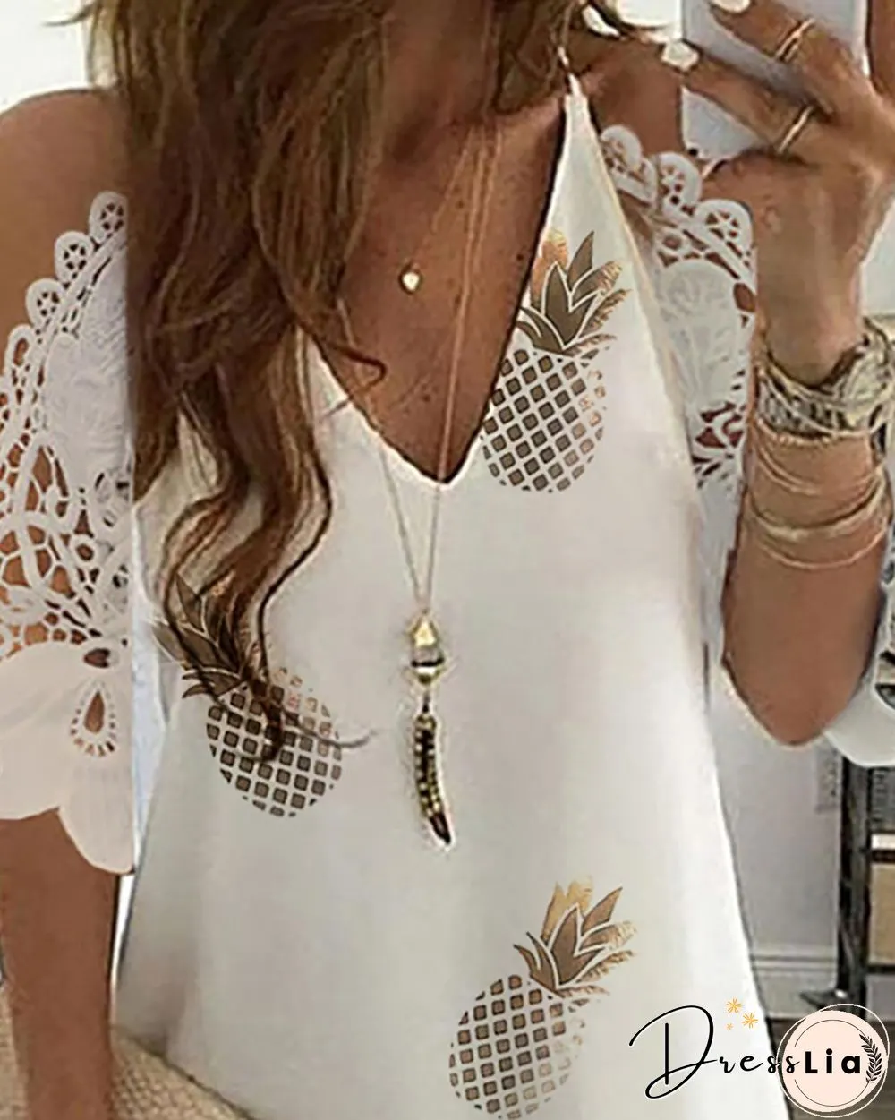 Pineapple Print Cold Shoulder Crochet Lace Dress