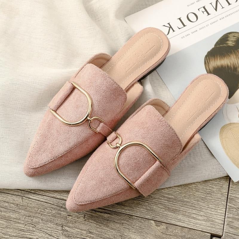 Women's Slippers Suede Leather Pointed Toe Buckle Slip On Mules