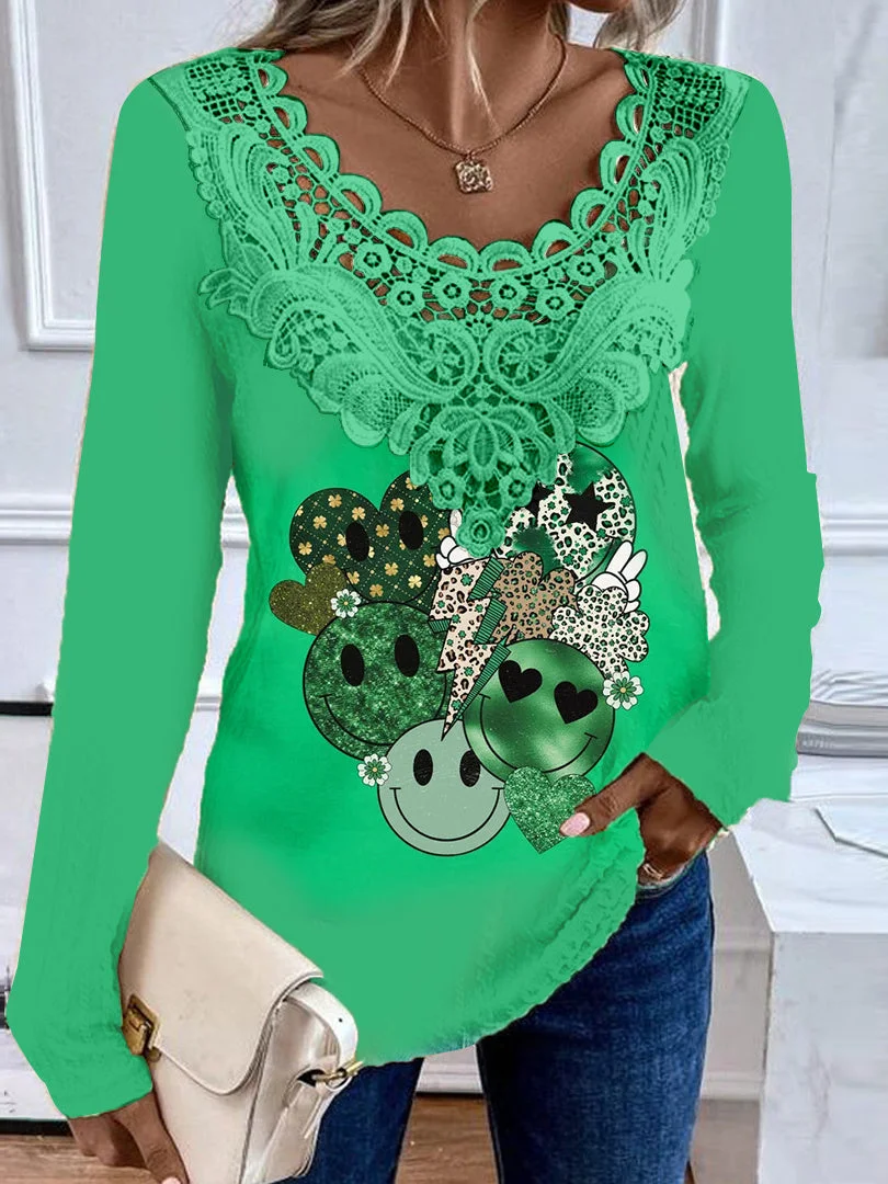 Women's Long Sleeve Scoop Neck Graphic Lace Top