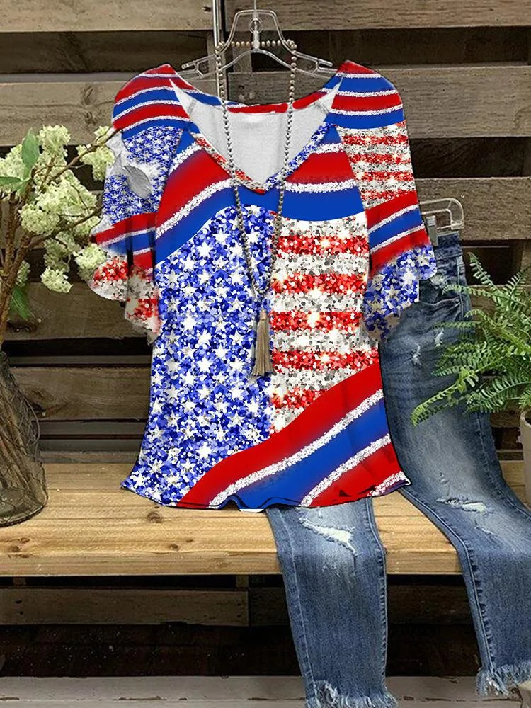 Women's New Casual V-neck Half-sleeve Flag Printing T-shirt