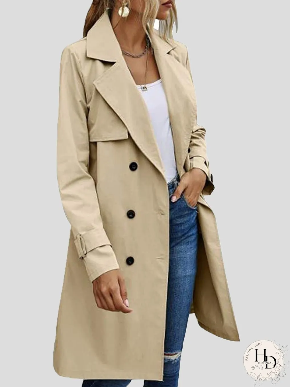 Coats Lapel Button Belt Long Trench Coat for Women