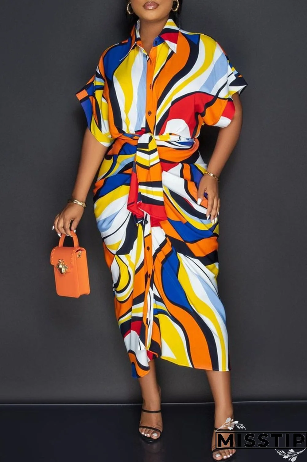 Blue Fashion Casual Print Patchwork Turndown Collar Shirt Dress