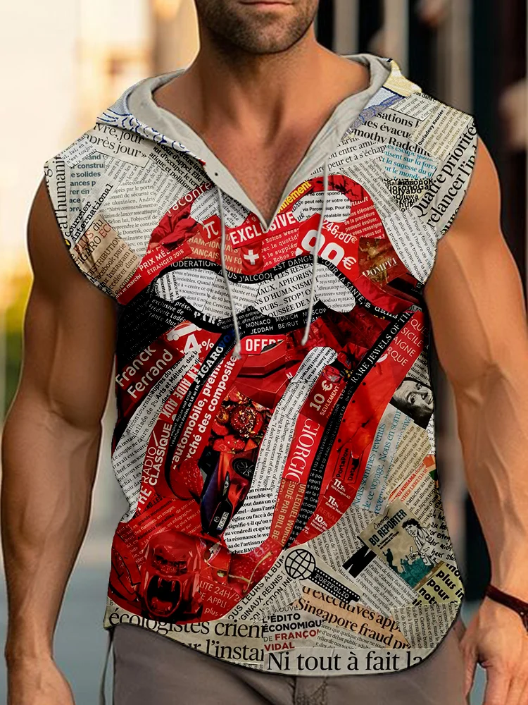 Comstylish Men's Rolling Stones Lip Paper Collage Art Hooded Tank Top
