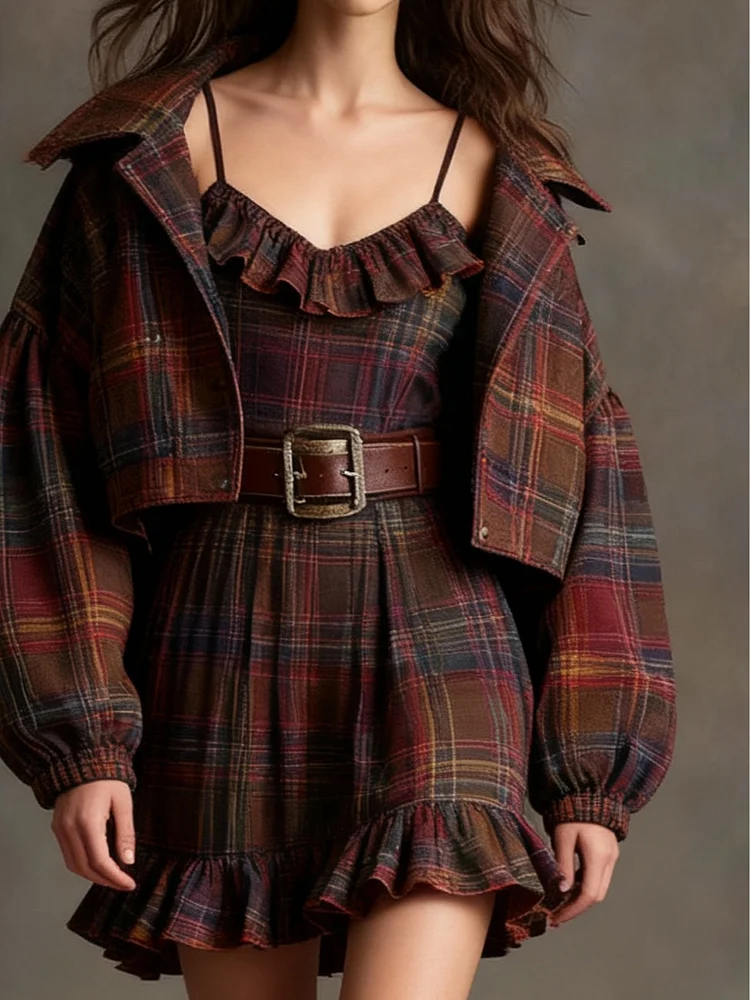 Vintage Plaid Ruffle Mini Dress and Loose Jacket Set（Includes belt）
