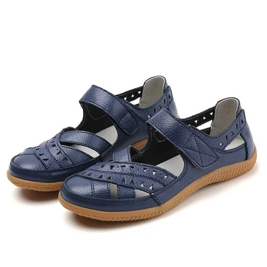 Diabetic Genuine Leather Hollow Flats Loafers Sandals For Women Radinnoo.com